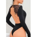 Ladies' Black Long Sleeve Crew Neck Floral Patterned Lace Open Back Cotton Fitted Bodysuit