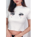 Edgy Girls' Short Sleeve Mock Neck Crying Eyes Print Stringy Selvedge Knit White Slim Crop T Shirt