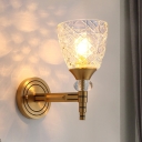 1/2-Bulb Lattice Glass Wall Lamp with Bowl Lampshade Loft Bedroom Wall Mount Light in Brass Finish