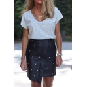 Cool Black Street Girls' High Waist Nail Bead Asymmetric Leather Short Bodycon Wrap Skirt