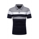 Mens Simple Colorblock Striped Print Short Sleeve Button Up Slim Fit Polo Shirt