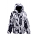 Mens Stylish Long Sleeve Zip Up Short Gray and White Faux Fur Fox Coat with Hood