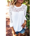 Womens Chic Lace Patched Long Sleeve Round Neck Oversized White Blouse