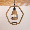 Roped Hexagon Pendant Lighting Lodge Style 1 Bulb Height Adjustable Black Hanging Lamp with Wire Cage Shade