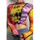 Yellow Fashion Long Sleeve High Neck Contrasted Pattern Stringy Selvedge Slim T Shirt for Girls
