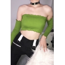 Plain Edgy Girls' Long Sleeve Off The Shoulder Stringy Selvedge Knit Slim Fit Crop Top