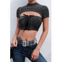 Sexy Black Short Sleeve Mock Neck Lace Up Front Cut Out Knit Metallic Crop Top for Female
