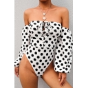 Edgy Girls' Blouson Sleeve Off The Shoulder Polka Dot Lace Up Slim Fit Bodysuit in White