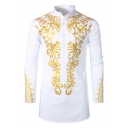 Mens African Style Gilding Dashiki Printed Button Front Long Sleeves Robe Shirt