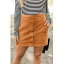 Women's Basic Plain Mid-Rise Button Down Zipper Back Corduroy Mini Bodycon Skirt