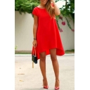 Casual Fancy Ladies' Short Sleeve Round Neck Asymmetric Mid Swing Dress in Red