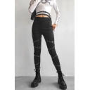 Dark Goth Mid Rise Rivet Ribbon Patched Zipper Side Long Skinny Black Pants for Girls