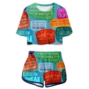 Funny Colorblock Letter Printed Cropped T-Shirt Dolphin Shorts Co-ords Tracksuit