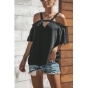 Womens Sexy Hollow Out Front Cold Shoulder Short Sleeve Plain Chiffon Blouse T-Shirt
