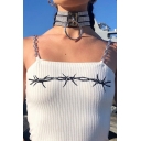 Edgy Girls Sleeveless Chained Wire Print White Knit Slim Fit Cami