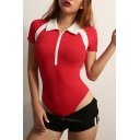 Hot Red Girls' Short Sleeve Pointed Collar Half Zip Contrast Piped Slim Fit Shirt Bodysuit for Club