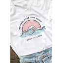 Girls Simple Sea Wave Pattern WE ONLY HAVE ONE OCEAN Print Short Sleeve White T-Shirt