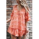 Casual Cute Girls' Tiered Sleeve V-Neck Bow Tied Stripe Patterned Ruffled Trim Mini Swing Dress in Red