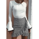 Trendy Girls' High Waist Stripe Print Ruffled Trim Fitted Micro Wrap Skirt in Black