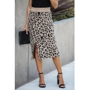 Elegant Girls' Elasticated Waist Leopard Print Slit Side Midi Fitted Shift Skirt in Apricot