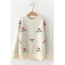 Unique Pompom Embellished Cherry Embroidery Long Sleeve Warm Sweater