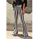 Female Fancy White Elastic Waist Stripe Printed Slim Fit Full Length Flared Pants