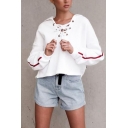Womens Casual Striped Long Sleeve Lace Up Front White Oversized Cropped Hoodie
