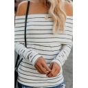 Ladies Fashionable Stripe Printed Foldover Off the Shoulder Long Sleeve Slim Fitted White T-Shirt