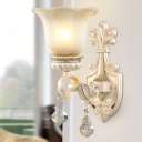 Floral Shaped Beige Glass Wall Mount Light Vintage 1/2 Lights Wall Sconce Light with Crystal Drop