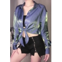 Edgy Girls' Long Sleeve Point Collar Button Down Tied Front Satin Plain Crop Shirt