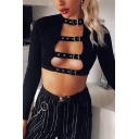 Edgy Girls Long Sleeve Crew Neck Eyelet Buckle Hollow Out Fitted Black Crop Tee for Nightclub