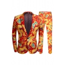 Red and Yellow Dragon Print Long Sleeve Single Button Casual Blazer and Pants Set