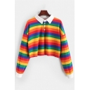 Chic Rainbow Striped Print Long Sleeve Button Front Loose Fit Cropped Polo Shirt