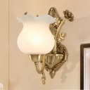 Curved Arm Sconce Light Colonial White Glass 1/2 Heads Brass Wall Mounted Lamp for Living Room