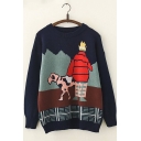 Fancy Cartoon Printed Long Sleeve Round Neck Navy Knit Pullover Sweater in Loose Fit