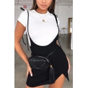 Summer Fashion Spaghetti Straps Split Side Black Plain Fitted Mini Overall Dress for Women