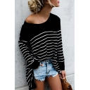 Womens Casual Black Pinstripes Print Long Sleeve Boat Neck Tunic Oversized Tee Top