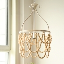 1 Bulb Wooden Pendulum Pendant Country Style White Beaded Ceiling Lamp with Iron Bellied Vase Hanging Frame
