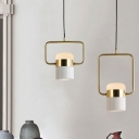 Gold Square Frame Hanging Lamp Modern 1 Head Metal Pendant Light Fixture with White Glass Shade