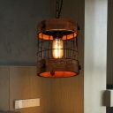 Traditional Cylinder Hanging Ceiling Light 1 Light Wood Pendant Lamp in Brown for Dining Room