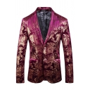 Mens Vintage Glossy Hot Stamping Printed Long Sleeves Two Button Slim Burgundy Suit Blazer