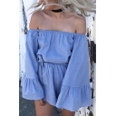 Unique Trendy Bell Sleeve Off The Shoulder Bow-Tied Waist Ruffled Trim Plain Pleated Mini Jumpsuit for Party Girls