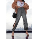 Sparkly Fancy Elastic Waist High Slit Side Sequined Cuffed Ankle Relaxed Fit Trousers for Girls