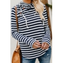 Womens Classic Stripe Printed Cowl Neck Oblique Button Embellished Long Sleeve Slim Fit Daily Wear Hoodie