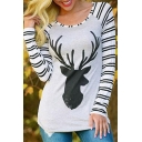 Womens Gray Regular Chic Elk Print Striped Long Sleeve Round Neck Casual Daily T-Shirt