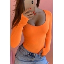 Women's Fashion Basic Long Sleeve Solid Scoop Neck Fitted Bodysuit