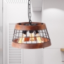 3 Lights Living Room Hanging Pendant Traditional Wood Ceiling Chandelier with Drum Metal
