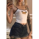 Edgy Girls' Sleeveless Butterfly Patterned Contrast Stitch Fitted White Crop Cami Top