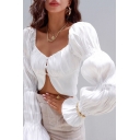 Edgy Girls' Bell Sleeve Off The Shoulder Elastic Detail Half Button Pleated Asymmetric Plain Fitted Crop Blouse