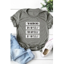 Letter I'M WORKING ON MYSELF Print Curved Short Sleeve Crew Neck T-Shirt for Girls